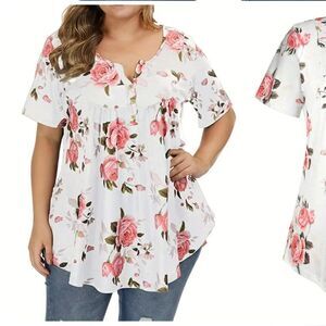 NEW Casual Top Women's Plus Floral Print Short Sleeve Scoop Neck Henley Top 2XL